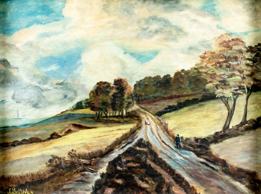 J Sullivan (US,mid 20C) oil painting: ARTIST: J Sullivan (American, mid 20 century) TITLE: Coutryside Road Landscape YEAR: 1960 MEDIUM: oil on board CONDITION: Some scratches/paint losses. No