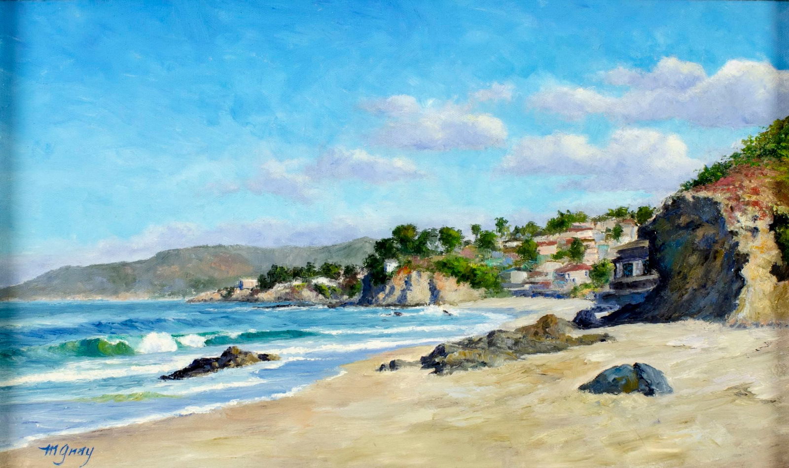 Marty Gray (CA,20/21C) oil painting: ARTIST: Marty Gray (California, 20/21 centuries) TITLE: Morning Colors, Victoria Beach, CA (titled on verso) MEDIUM: oil on canvas CONDITION: Very good. No visible inpaint
