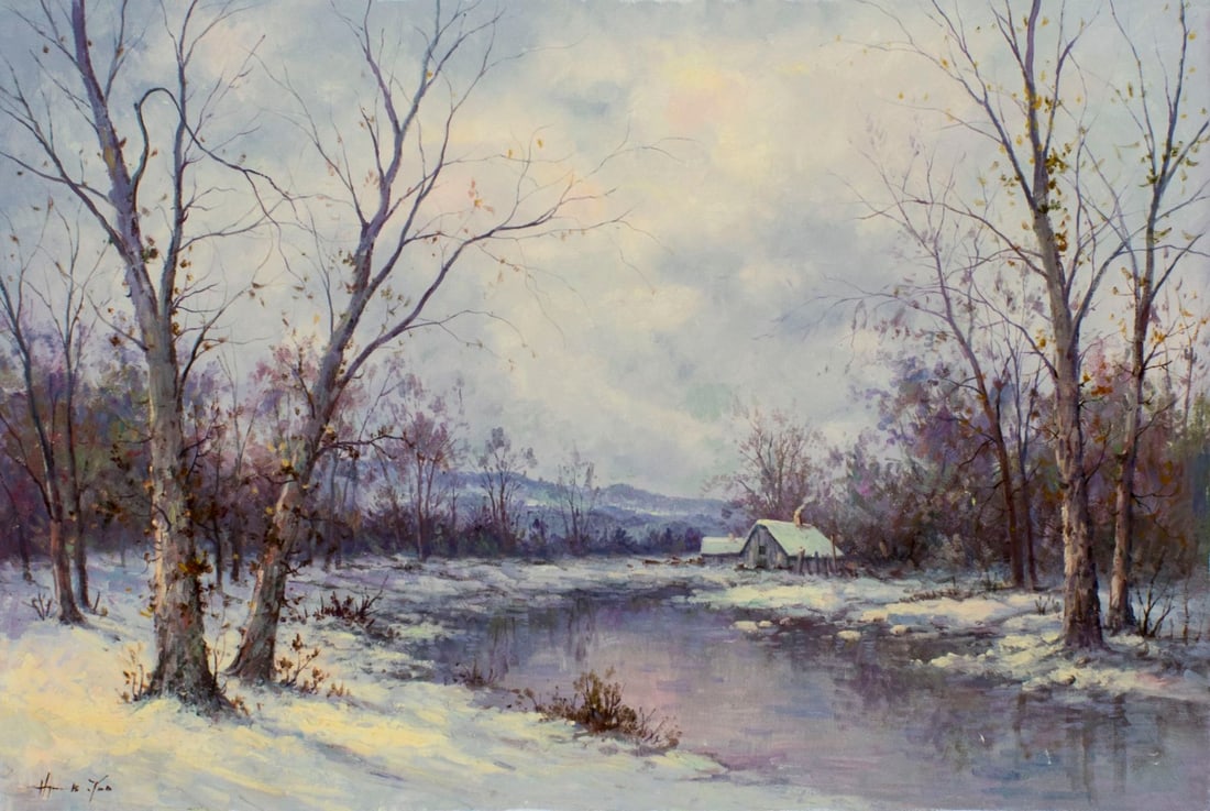 Hyun Bo Yoo (US,Korea,1946-2011) oil painting: ARTIST: Hyun Bo Yoo (American, Korean, born 1946 - c 2011) NAME: Winter River Landscape MEDIUM: oil on canvas CONDITION: Unstretched (In-House stretching available). Few minor paint losses.