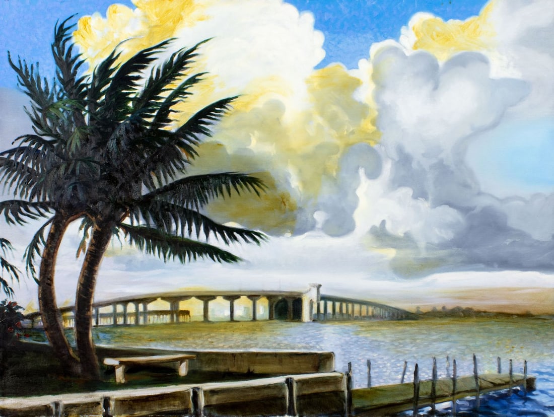 Vintage 20/21C Florida oil painting signed: ARTIST: - (Florida, 20/21 centuries) TITLE: Sebastian Inlet Bridge Landscape, Miami, FL MEDIUM: oil on canvas CONDITION: Some craquelure. No visible inpaint under UV light