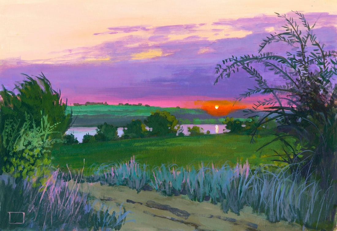 Oleksandr Boychenko (Ukraine,20/21C) gouache painting: ARTIST: Oleksandr Boychenko (Ukrainian, 20/21 centuries) TITLE: Sunset River Landscape MEDIUM: gouache on heavy paper CONDITION: Very good. ART SIZE: 12