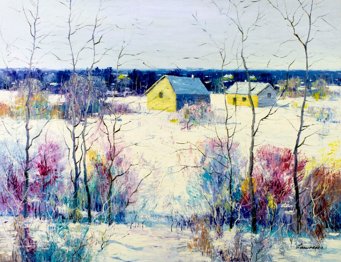 Law Kwok Leung (China,US,b 1954) oil painting: ARTIST: Law Kwok Leung (Chinese, American, born 1954) TITLE: Winter Village Landscape MEDIUM: oil on canvas CONDITION: Unstretched (In-House stretching available). Missing a