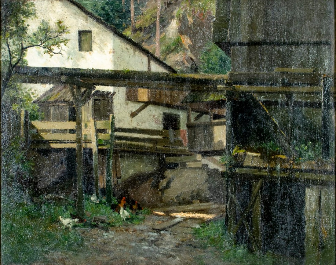 Adolf Kaufmann (Austria,1848-1916) oil painting antique: ARTIST: Adolf Kaufmann (Austrian, 1848 - 1916) TITLE: Farm Scene with Chikens MEDIUM: oil on canvas CONDITION: Relined. Few small paint losses in the upper left quadrant.