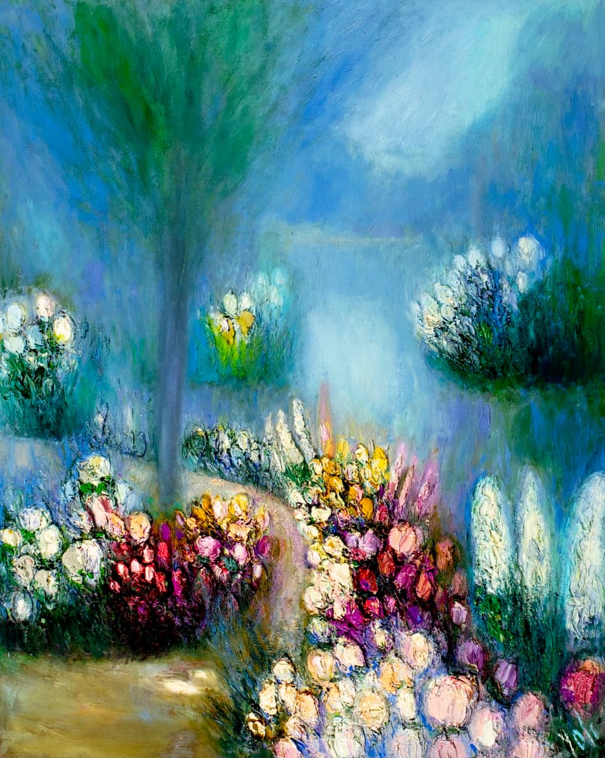 Yolanda Razzeto (Peru,1948-?) oil painting: ARTIST: Yolanda Razzeto (Peruvian, 1948 - ???) TITLE: Flower Garden Landscape MEDIUM: oil on canvas CONDITION: Unstretched (In-House stretching available). Missing a few f
