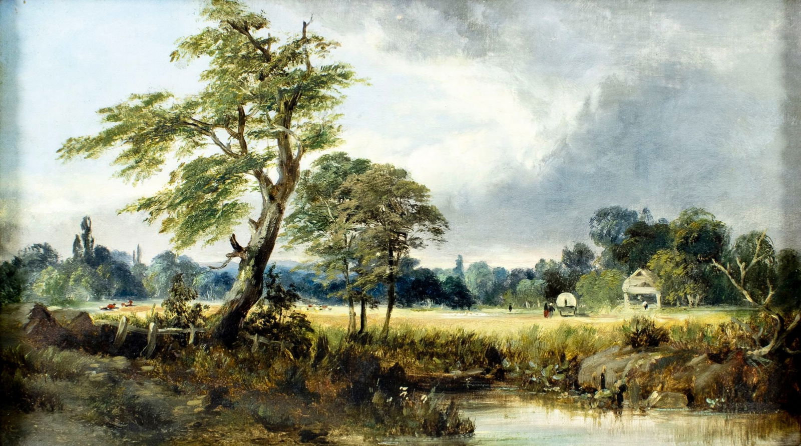 ATTR Henry Jutsum (UK,1816-1869) oil painting antique: ARTIST: ATTRIBUTED TO Henry Jutsum (United Kingdom, 1816 - 1869) TITLE: Country Landscape MEDIUM: oil on canvas CONDITION: Few minor paint losses. Very minor craquelure. S