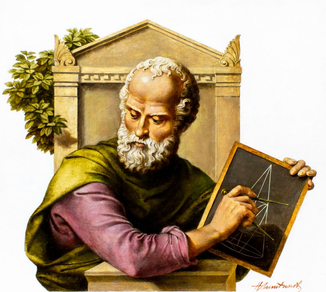 Nicolay Litvinov (Russia,1930-2005) oil painting: ARTIST: Nicolay Kirillovitch Litvinov (Russian, 1930 - 2005) TITLE: Euclid (titled on verso) YEAR: 1987 MEDIUM: oil on canvas. Canvas applied to board. CONDITIO