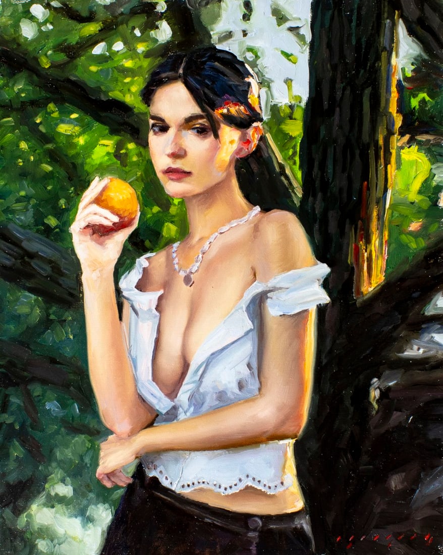 Igor Grey (Ukraine,b 1975) oil painting: ARTIST: Igor Grey (Ukrainian, born 1975) TITLE: Summer Temptation (titled on verso) MEDIUM: oil on canvas CONDITION: Unstretched (In-House stretching available). Overall goo