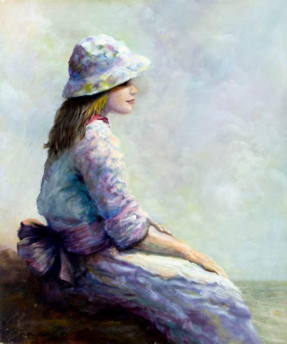 W Pater (US,20C) oil painting: ARTIST: W Pater (American, 20 century) TITLE: Portrait of Seated Girl MEDIUM: oil on canvas CONDITION: Some scratches by the lower left corner. No visible inpaint under UV l