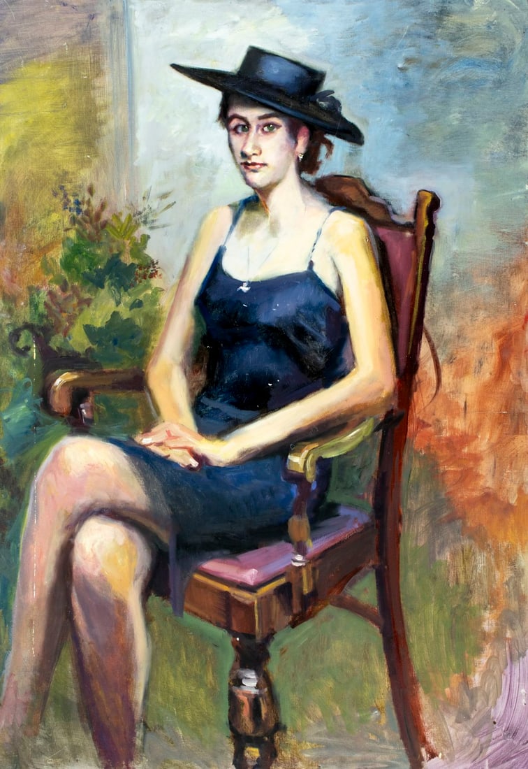 John Reilly (NY,NJ,1942-2021) oil painting: ARTIST: John Reilly (New York, New Jersey, 1942 - 2021) TITLE: Portrait of Woman in Black MEDIUM: oil on board CONDITION: Some small damages to corners. Some scratches/pai