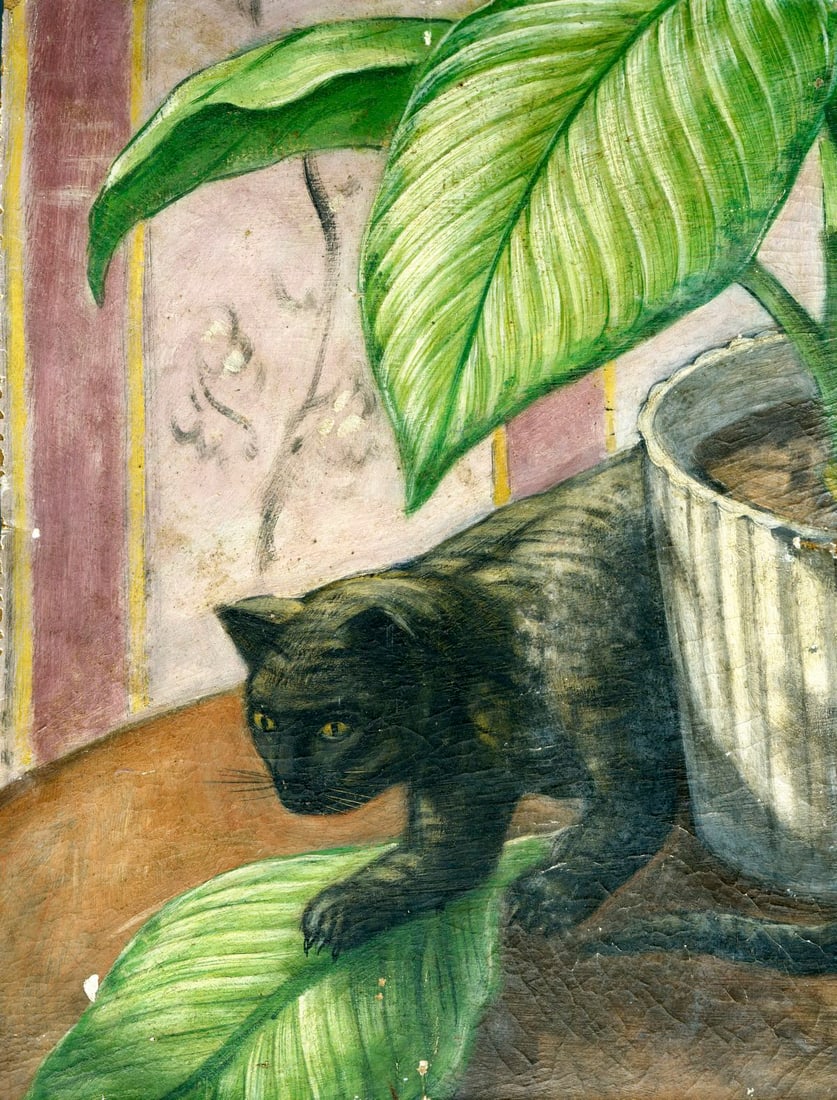 Helen DuMond (NY,CA,OR,1872-1968) oil painting: ARTIST: Helen Savier DuMond (New York, California, Oregon, 1872 - 1968) TITLE: Black Cat MEDIUM: oil on board CONDITION: Some warping. Some small damages to edges and corn