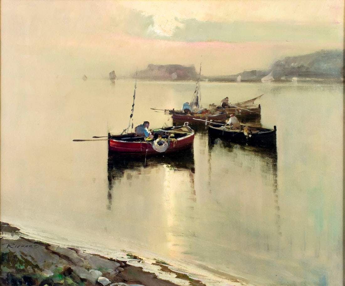 Richard (Europe,20C) oil painting: ARTIST: Richard (European, 20 century) TITLE: Sunset Seascape with Boats MEDIUM: oil on canvas CONDITION: Missing a few flakes of paint. Some craquelure. No visible inpaint
