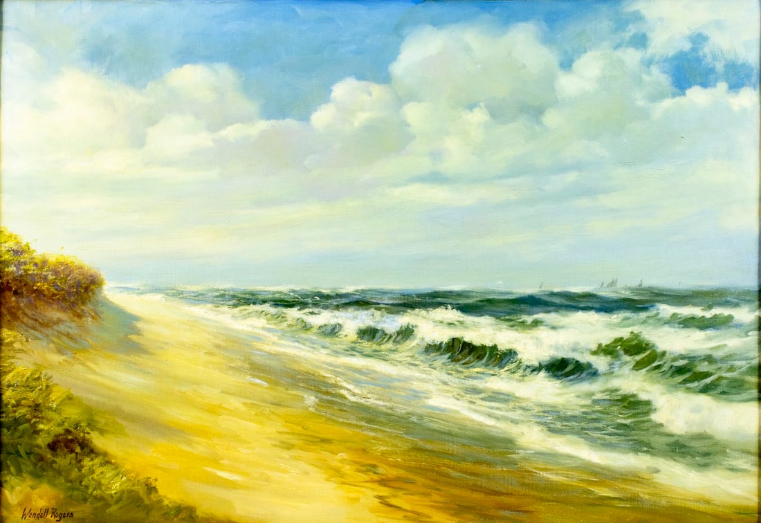 Wendell Rogers (MA,1890-1973) oil painting: ARTIST: Wendell M Rogers (Massachusetts, 1890 - 1973) TITLE: Seascape MEDIUM: oil on canvas CONDITION: Few scattered minor inpaintings/touch ups. ART SIZE:
