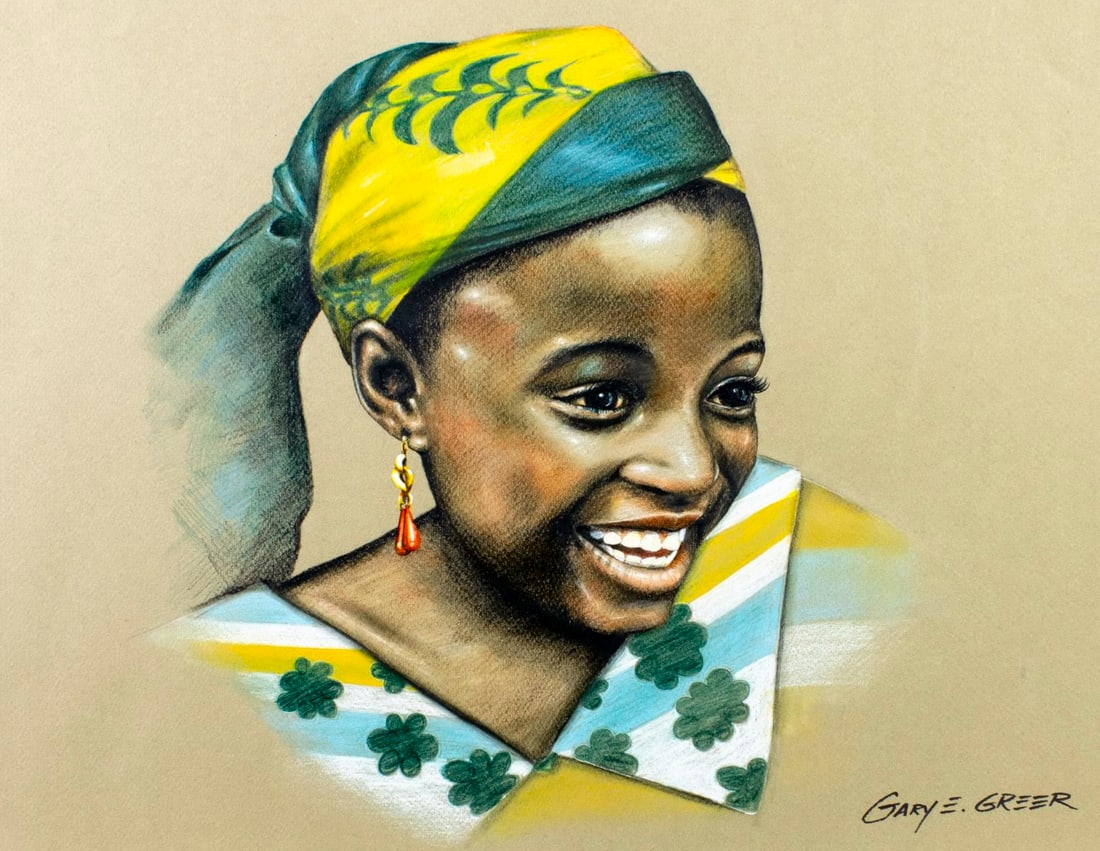 Gary Greer (FL,20C) pastel painting: ARTIST: Gary E Greer (Florida, 20 century) TITLE: Portrait of African Woman (titled on verso) YEAR: 1980 MEDIUM: pastel on paper. Paper applied to board. CONDITIO