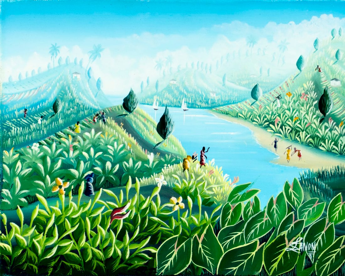 L Sanon (Haiti,20C) oil painting: ARTIST: L Sanon (Haitian, 20 century) TITLE: Haitian River Landscape MEDIUM: oil on canvas CONDITION: Overall good. No visible inpaint under UV light. Normal wear along edge