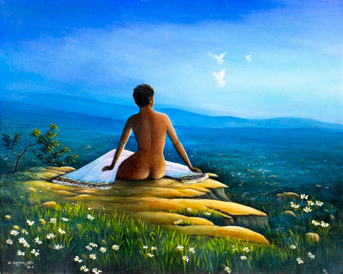 Roosvelt Sanon (Haiti,b 1951) oil painting: ARTIST: Roosvelt Sanon (Haitian, born 1951) TITLE: Haitian Landscape with Nude YEAR: 1990 MEDIUM: oil on canvas CONDITION: Few very minor paint losses. N