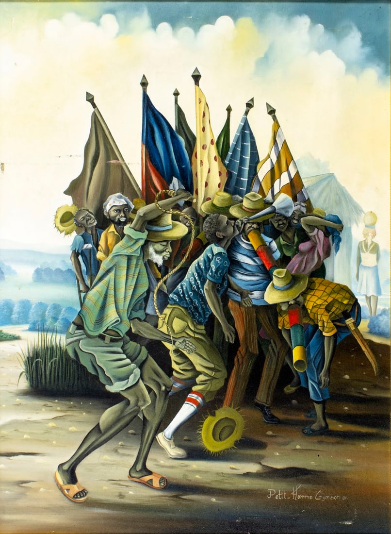 Petit Homme Gymson (Haiti,20/21C) oil painting: ARTIST: Petit Homme Gymson (Haitian, 20/21 centuries) TITLE: Haitian Parade YEAR: 2001 MEDIUM: oil on canvas CONDITION: One repaired puncture with corres