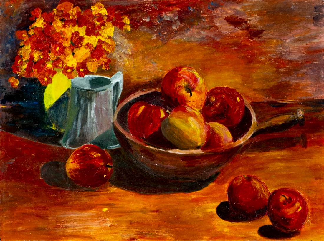 Vintage 20C American oil painting: ARTIST: - (American, 20 century) TITLE: Still Life with Apples MEDIUM: oil on board CONDITION: Overall good. No visible inpaint under UV light. Normal wear to edges.