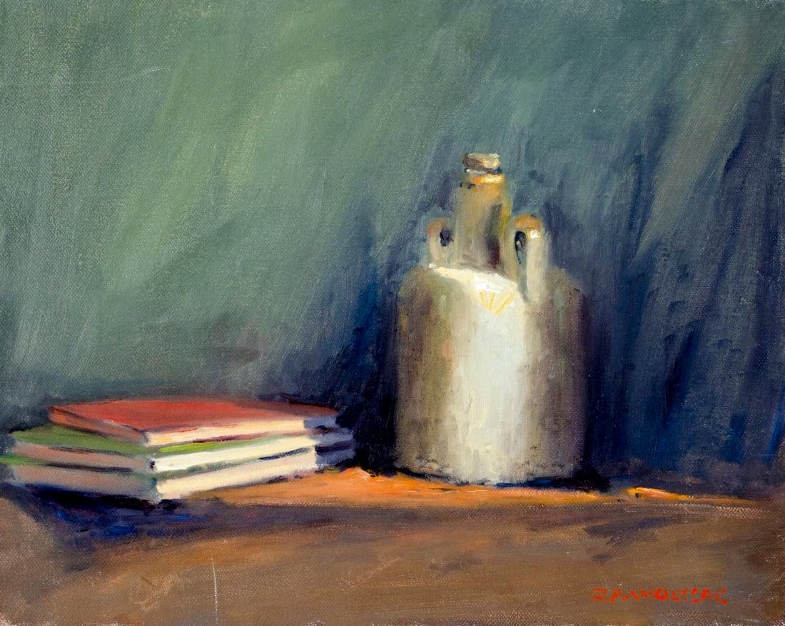 Robert Waltsak (NJ,b 1944) oil painting: ARTIST: Robert Alan Waltsak (New Jersey, born 1944) TITLE: Still Life with Bottle and Books MEDIUM: oil on canvas CONDITION: Few minor scratches/paint losses. No visible inp