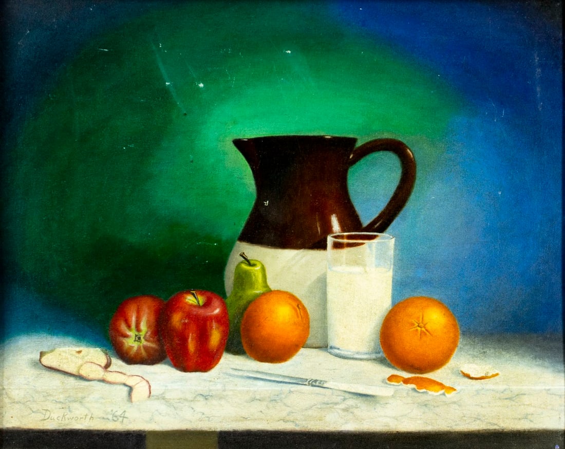 Duckworth (US,mid 20C) oil painting: ARTIST: Duckworth (American, mid 20 century) TITLE: Still Life with Jug, Glass and Fruit YEAR: 1964 MEDIUM: oil on canvas. Canvas applied to board. CONDITION: