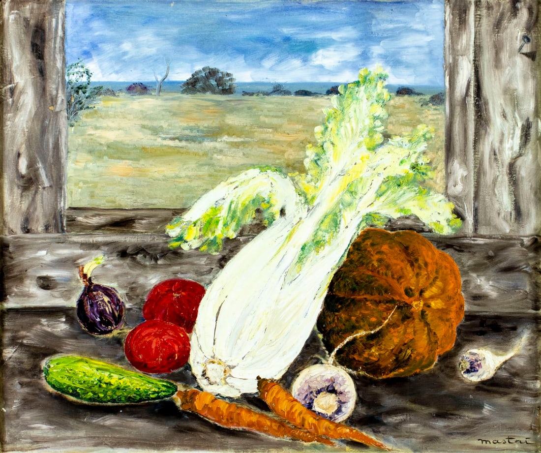 M Mastai (US,mid 20C) oil painting: ARTIST: M Mastai (American, mid 20 century) TITLE: Still Life with Vegetables by the Sea (titled on verso) YEAR: 1958 MEDIUM: oil on canvas CONDITION: So