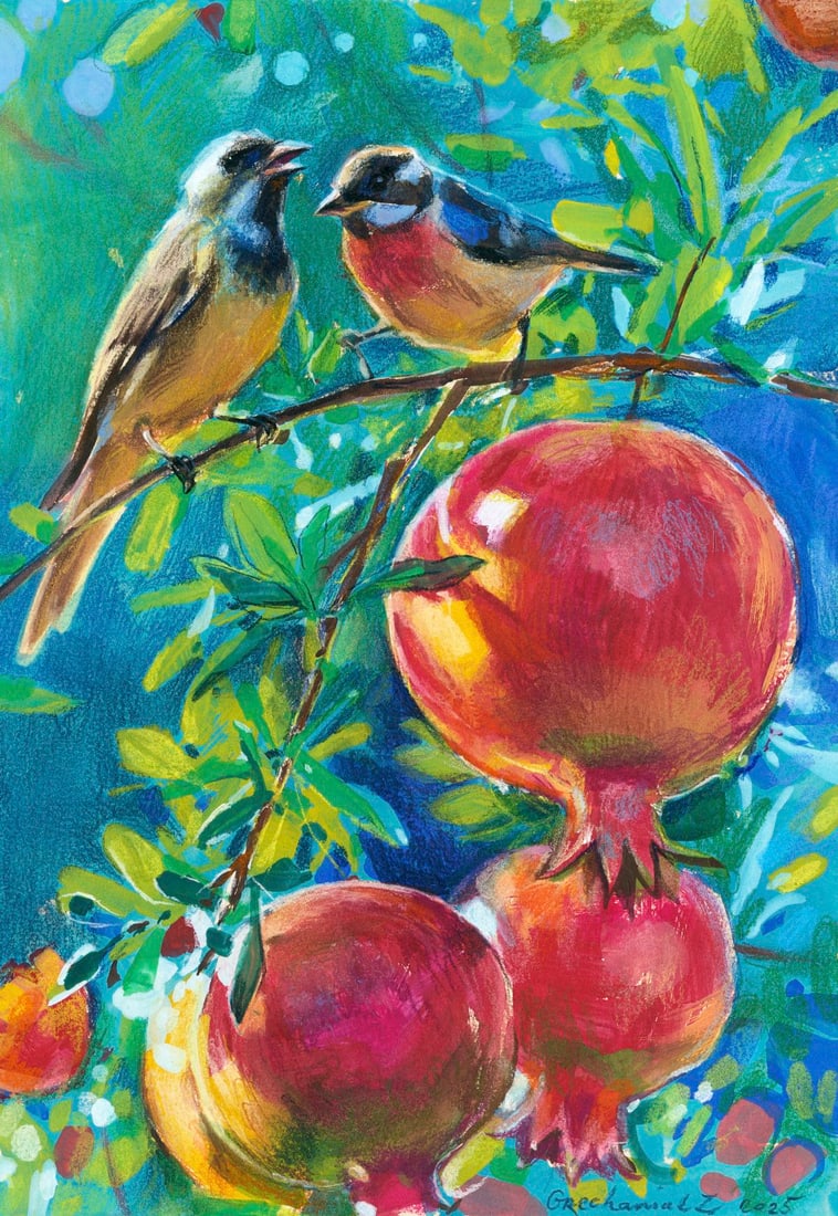 Zoya Grechanyuk (Ukraine,b 1977) pastel painting: ARTIST: Zoya Grechanyuk (Ukrainian, born 1977) TITLE: Birds and Pomegranates on Branch MEDIUM: pastel on heavy paper CONDITION: Very good. ART SIZE: 12 x