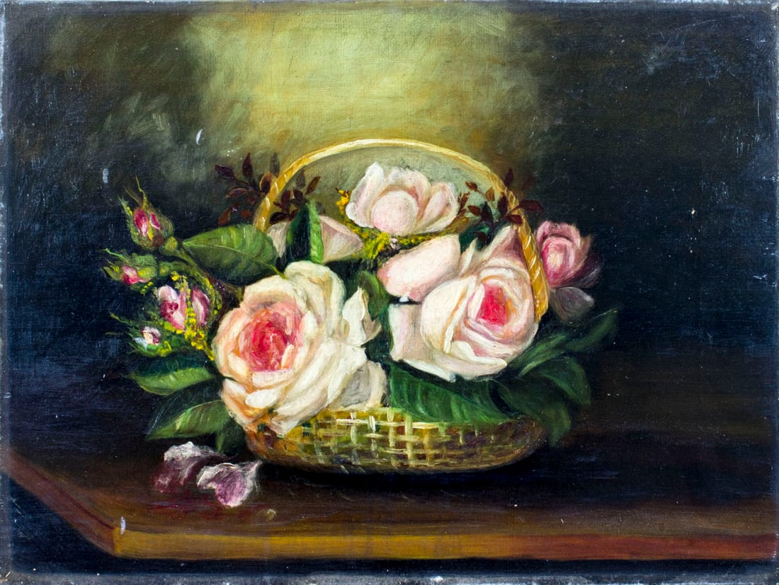 Antique 19C American oil painting: ARTIST: - (American, 19 century) TITLE: Still Life with Basket of Roses MEDIUM: oil on canvas CONDITION: Missing a few flakes of paint. Minor craquelure. No visible inpain