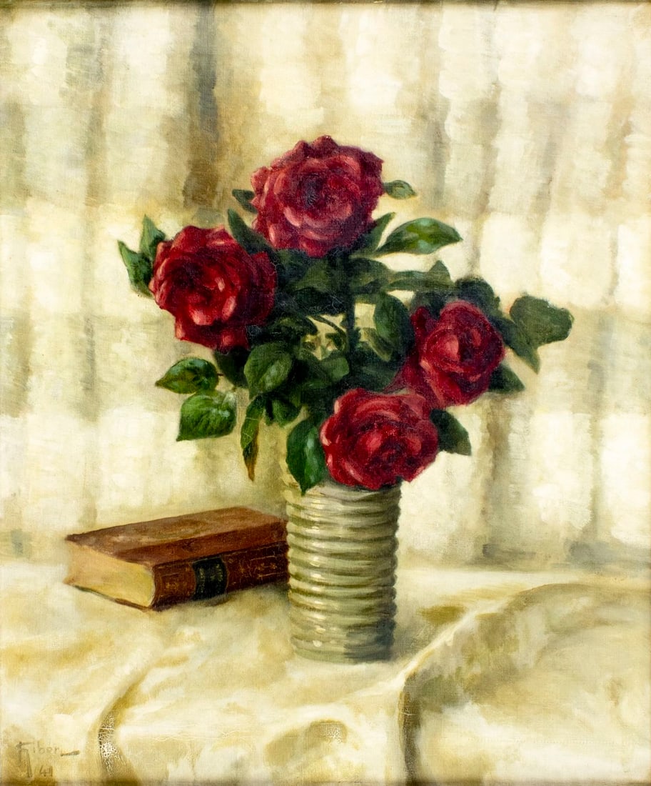 Gibert (US,mid 20C) oil painting antique: ARTIST: Gibert (American, mid 20 century) TITLE: Still Life with Vase of Roses and Book YEAR: 1941 MEDIUM: oil on canvas CONDITION: Few small paint losse