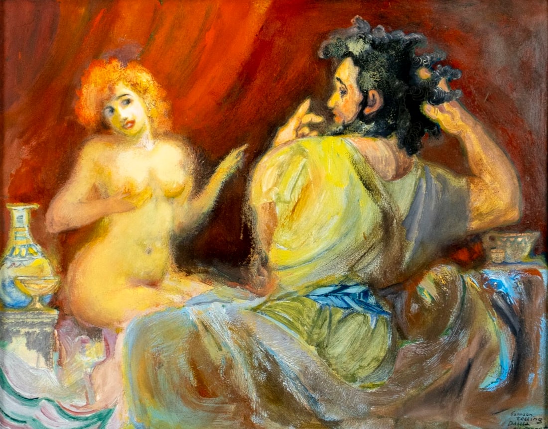 Saul Raskin (NY,Russia,Israel,1878-1966) pastel painting: ARTIST: Saul Raskin (New York, Russian, Israeli, 1878 - 1966) TITLE: Samson Telling Dalila His Secret MEDIUM: pastel on paper CONDITION: Overall good. No visible inpaint u