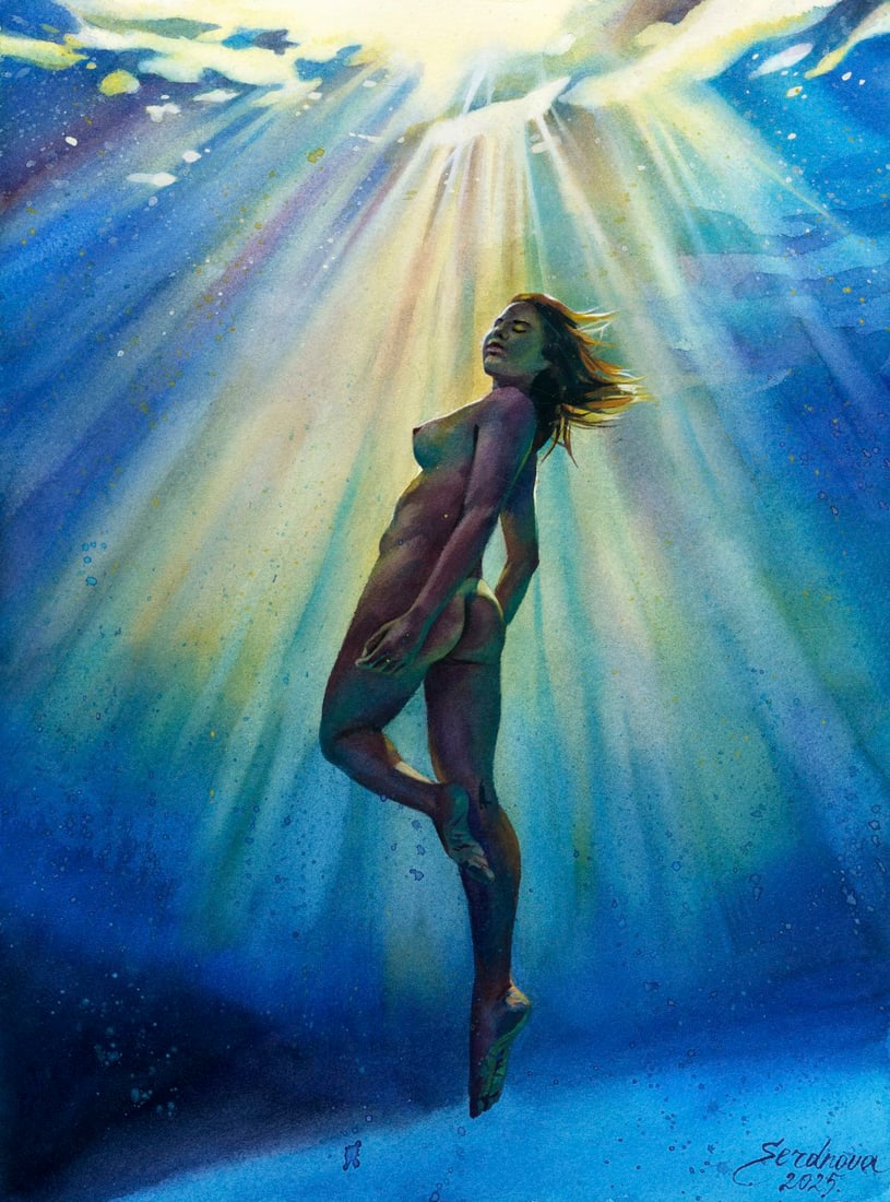 Anastasia Serdnova (Ukraine,b 1994) watercolor painting: ARTIST: Anastasia Serdnova (Ukrainian, born 1994) TITLE: Nude Underwater MEDIUM: watercolor on heavy paper CONDITION: Very good. ART SIZE: 16 x 12 inches