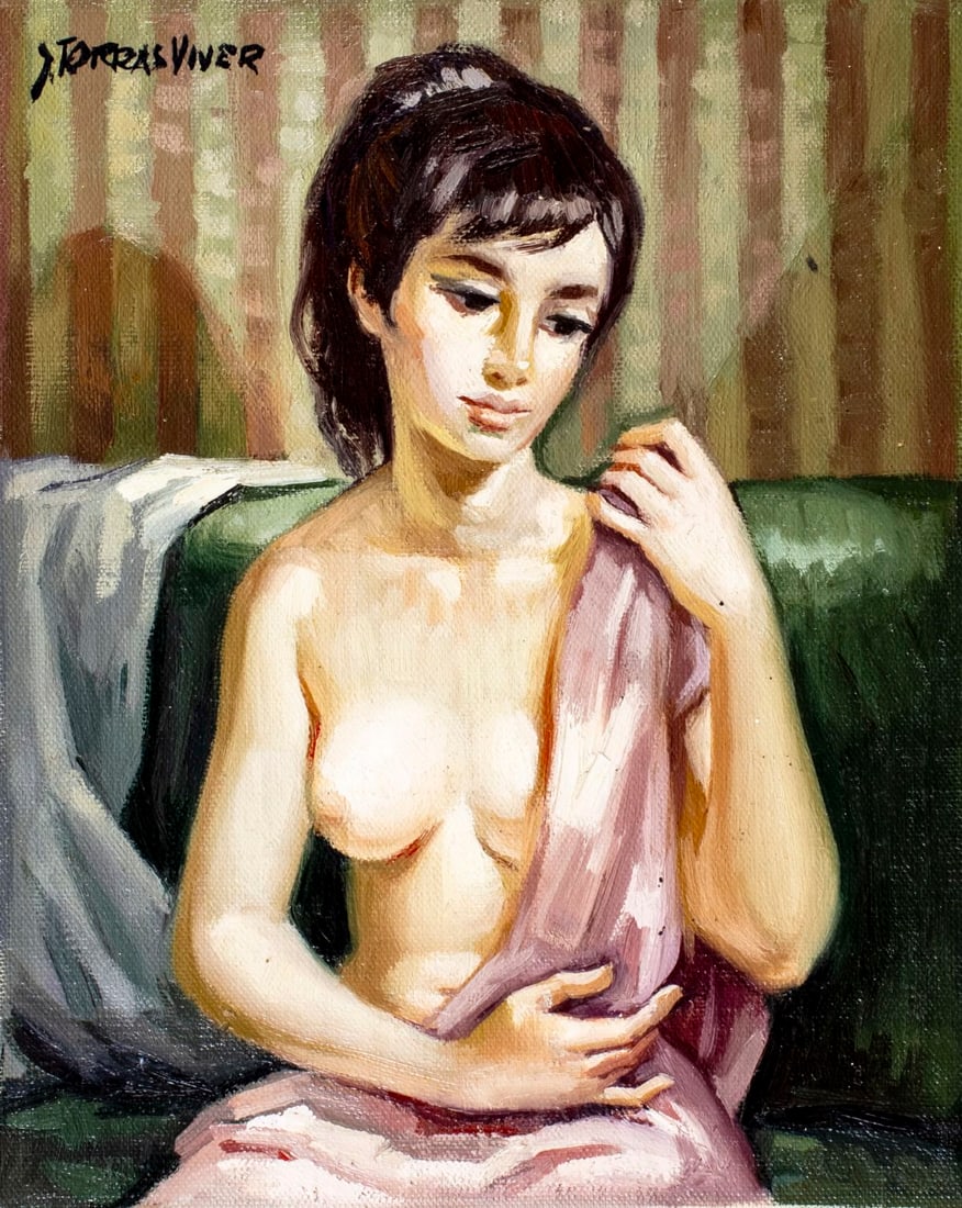 Joan Torras Viver (Spain,1929-2021) oil painting: ARTIST: Joan Torras Viver (Spanish, 1929 - 2021) TITLE: Female Semi Nude MEDIUM: oil on canvas CONDITION: Unstretched (In-House stretching available). Few minor paint loss