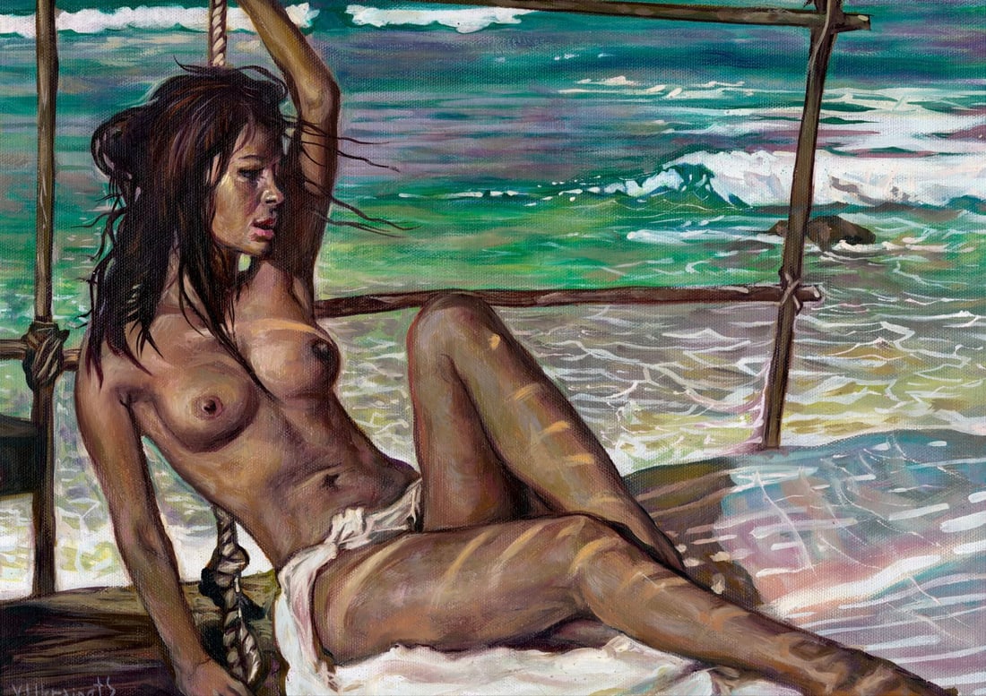 Valentin Ukrainets (Ukraine,b 1965) oil painting: ARTIST: Valentin Ukrainets (Ukrainian, born 1965) TITLE: Nude - Beauty in the Shade (titled on verso) MEDIUM: oil on canvas CONDITION: Unstretched (In-House stretching avail