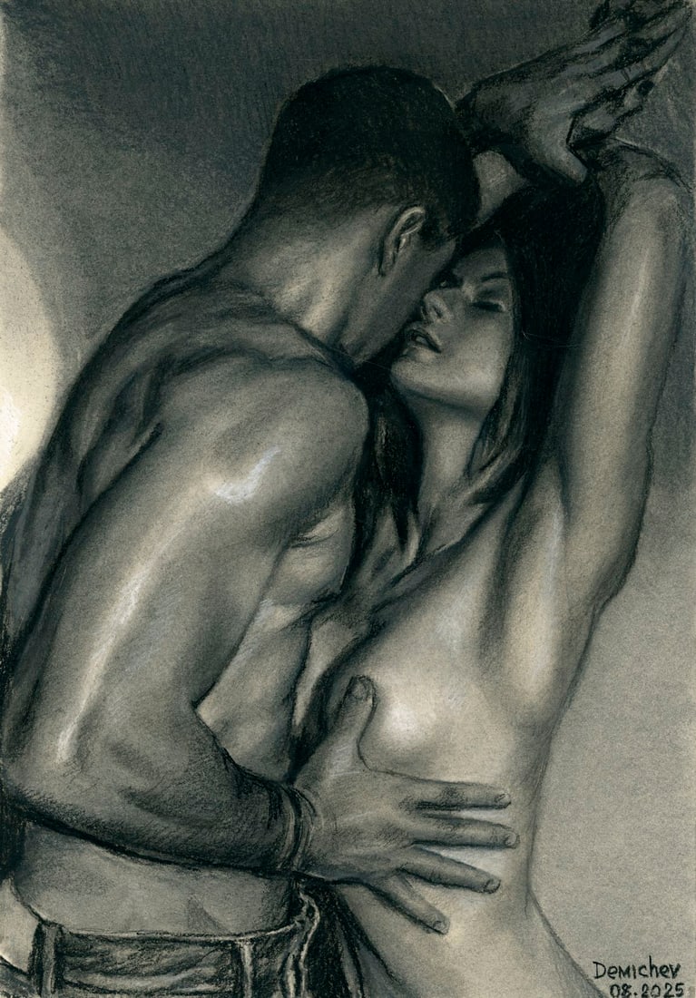 Oleksandr Demichev (Ukraine,20/21C) pastel painting: ARTIST: Oleksandr Demichev (Ukrainian, 20/21 centuries) TITLE: Nude Woman and Man MEDIUM: pastel on heavy paper CONDITION: Very good. ART SIZE: 17 x 12 i