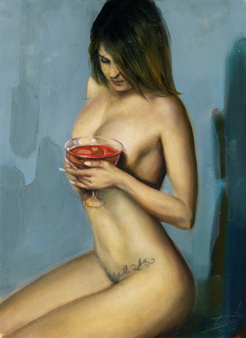 Sergey Dovgan (Ukraine,b 1976) oil painting: ARTIST: Sergey Dovgan (Ukraine, born 1976) TITLE: Nude with Glass MEDIUM: oil on heavy paper CONDITION: Minor scratches/paint losses. No visible inpaint under UV light. <