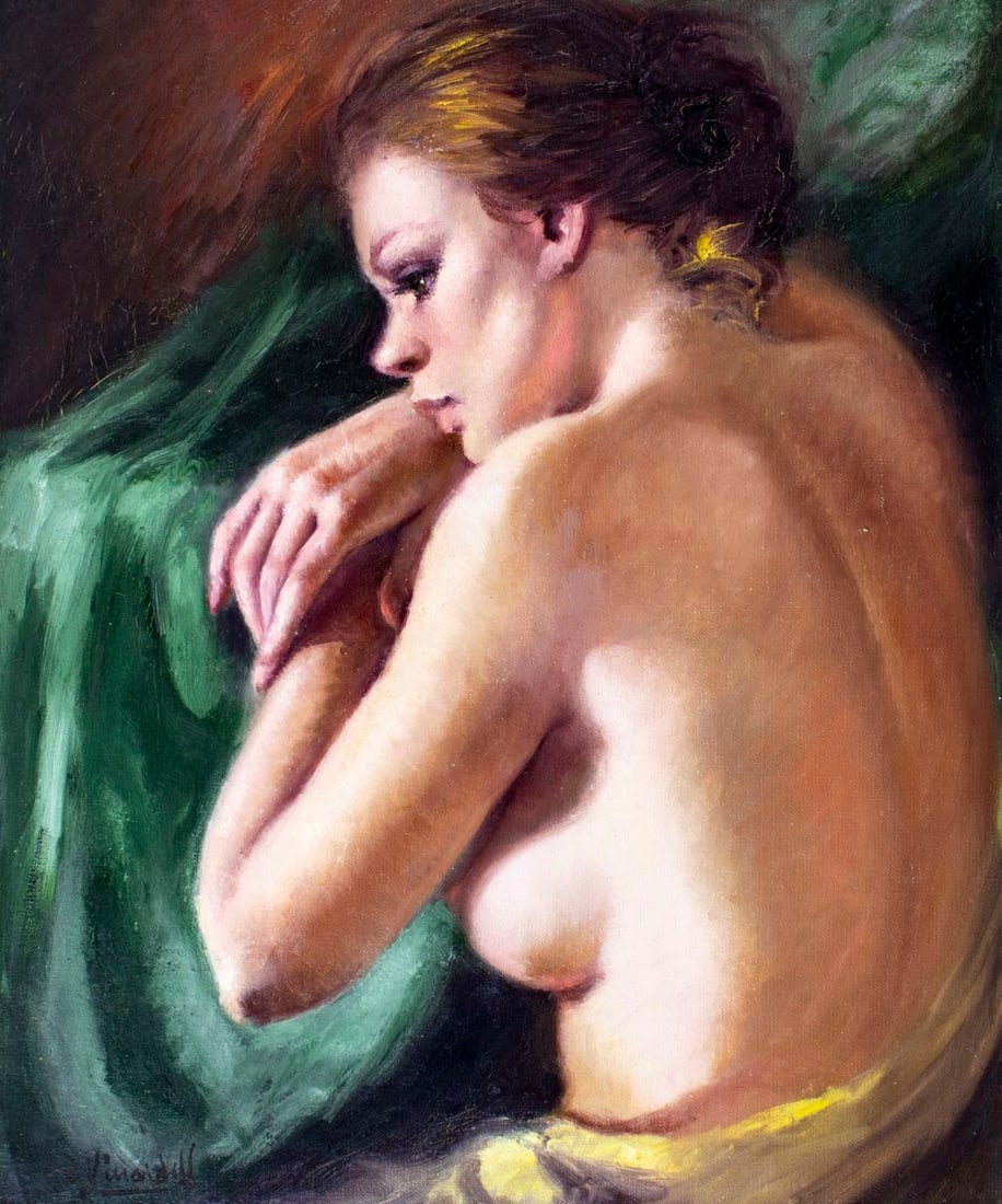 Roser Vinardell (Spain,1941-?) oil painting: ARTIST: Roser Vinardell (Spanish, 1941 - ???) TITLE: Nude MEDIUM: oil on canvas CONDITION: Unstretched (In-House stretching available). Few minor paint losses. Some craque