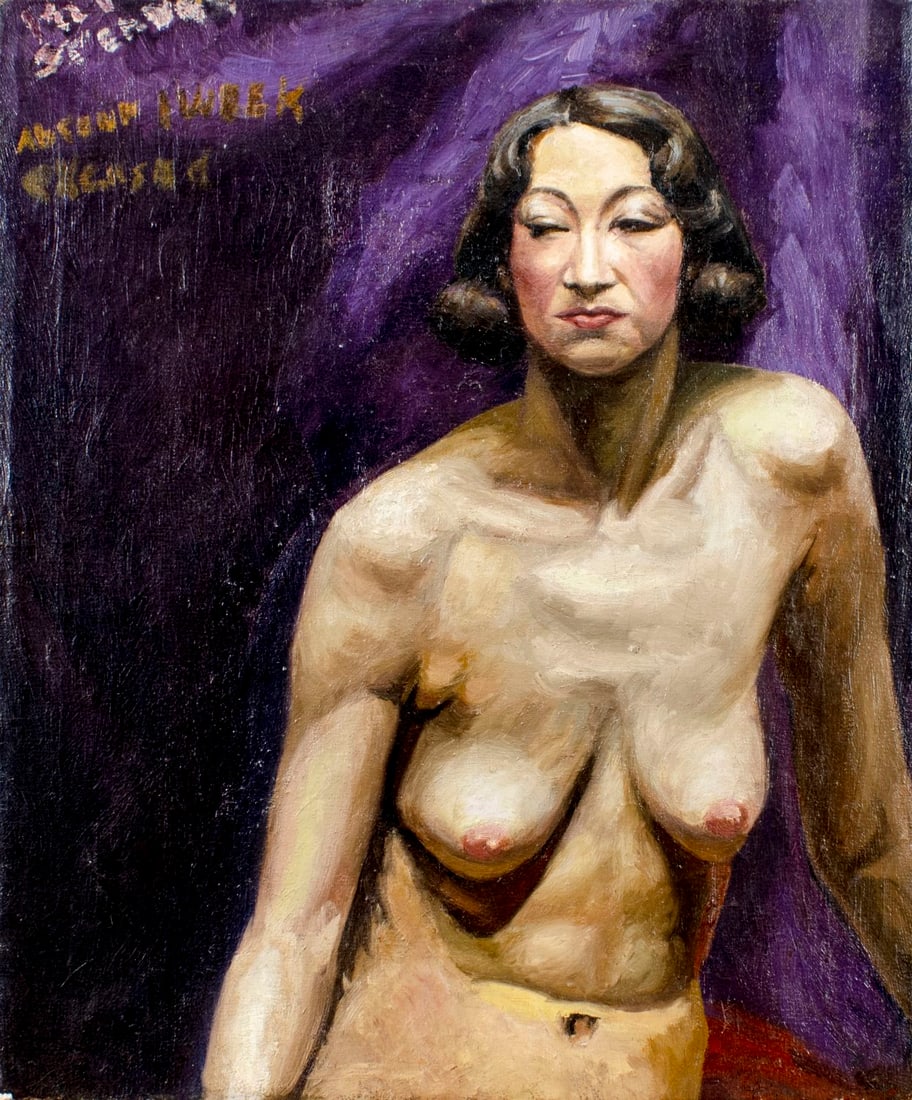 Antique early 20C American oil painting signed: ARTIST: - (American, early 20 century) TITLE: Nude MEDIUM: oil on canvas CONDITION: Few small patches. Some craquelure. Some scattered inpaintings. Normal wear along edges