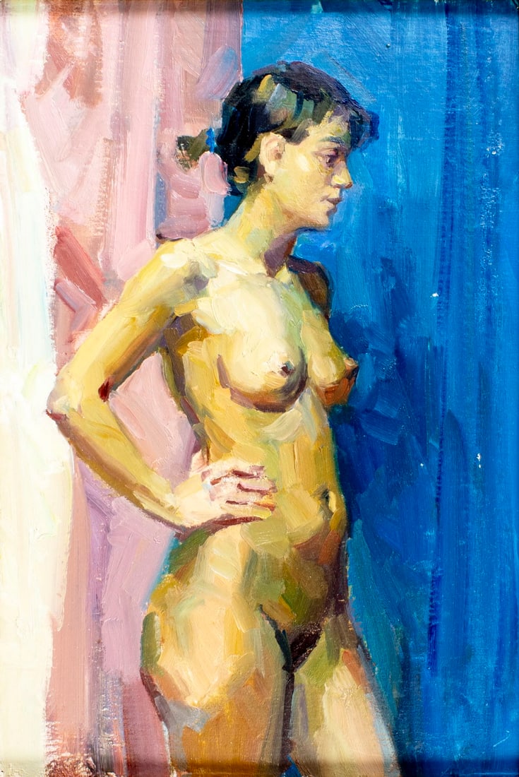 Aleksandr Ivanovich Vovk (Ukraine,1922-2004) oil painting: ARTIST: Aleksandr Ivanovich Vovk (Ukrainian, 1922 - 2004) TITLE: Nude - Olya (titled on verso) MEDIUM: oil on board CONDITION: Few minor paint losses. No visible inpaint