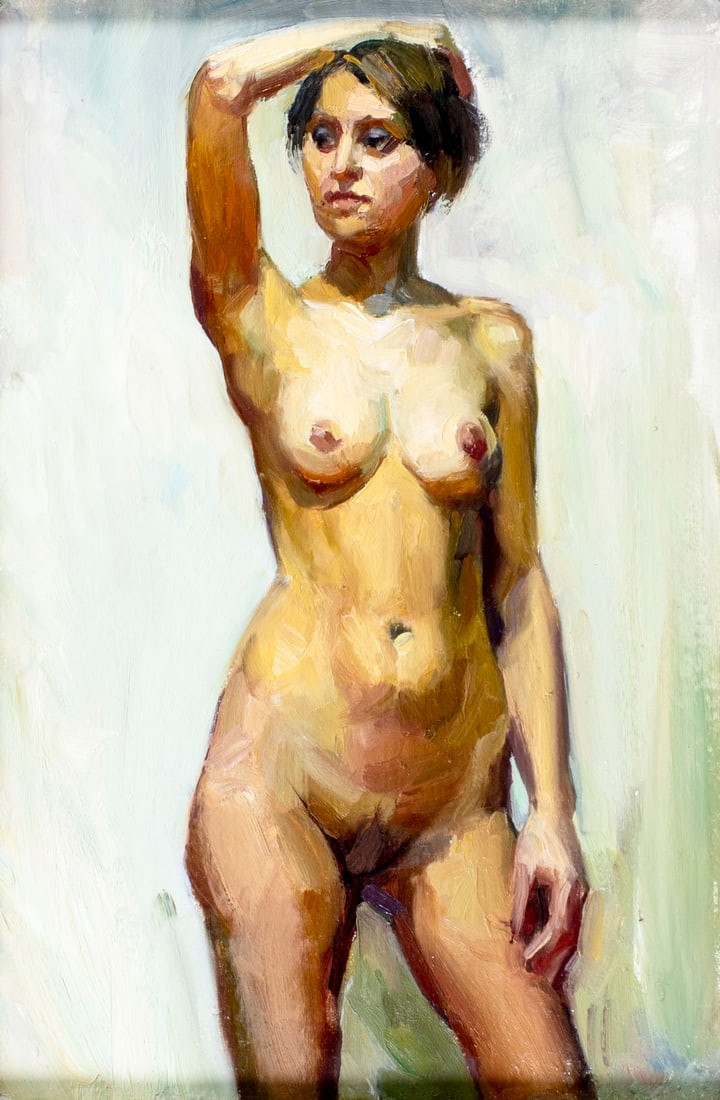 Aleksandr Ivanovich Vovk (Ukraine,1922-2004) oil painting: ARTIST: Aleksandr Ivanovich Vovk (Ukrainian, 1922 - 2004) TITLE: Nude - Tanya (titled on verso) MEDIUM: oil on board CONDITION: Overall good. No visible inpaint under UV l