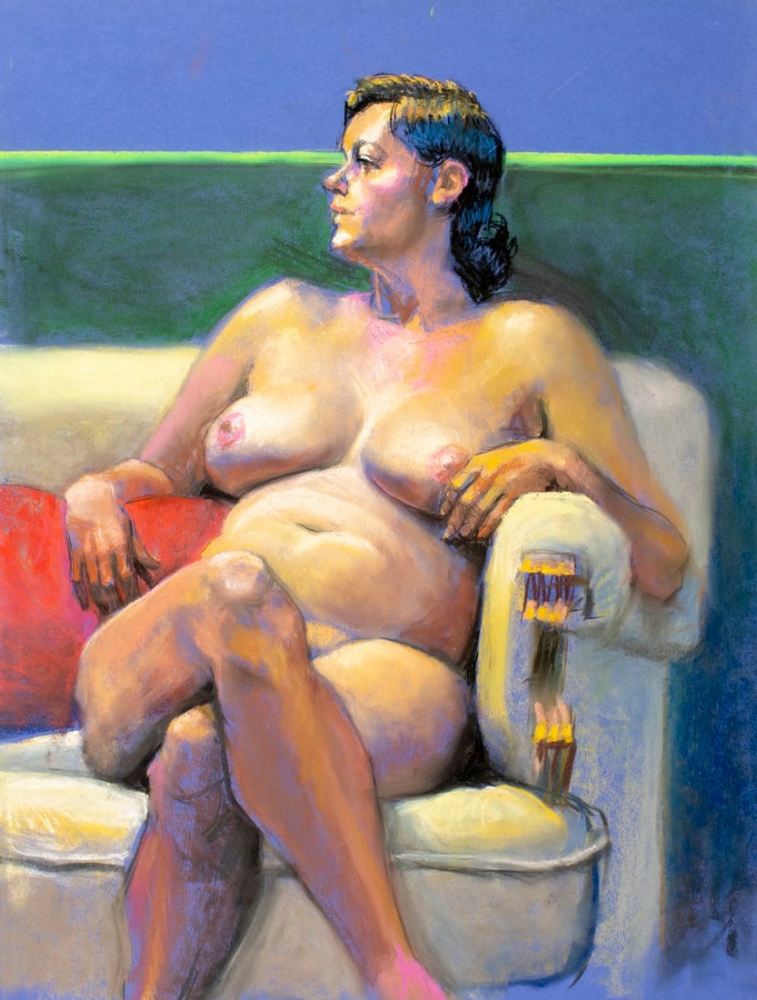 Karl Foster (PA,b 1933) pastel painting: ARTIST: Karl Foster (Pennsylvania, born 1933) TITLE: Nude on Sofa MEDIUM: pastel on heavy paper CONDITION: Very good. ART SIZE: 26 x 20 inches / 66 x 50