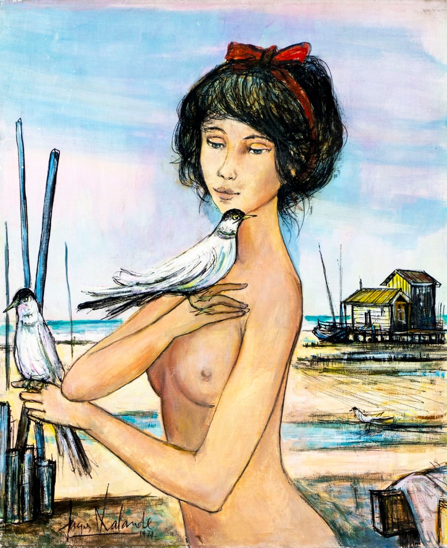 Jacques Lalande (French,1921-2003) oil painting: ARTIST: Jacques Lalande (France, 1921 - 2003) TITLE: Nude with Birds YEAR: 1977 MEDIUM: oil on canvas CONDITION: Unstretched (In-House stretching avail