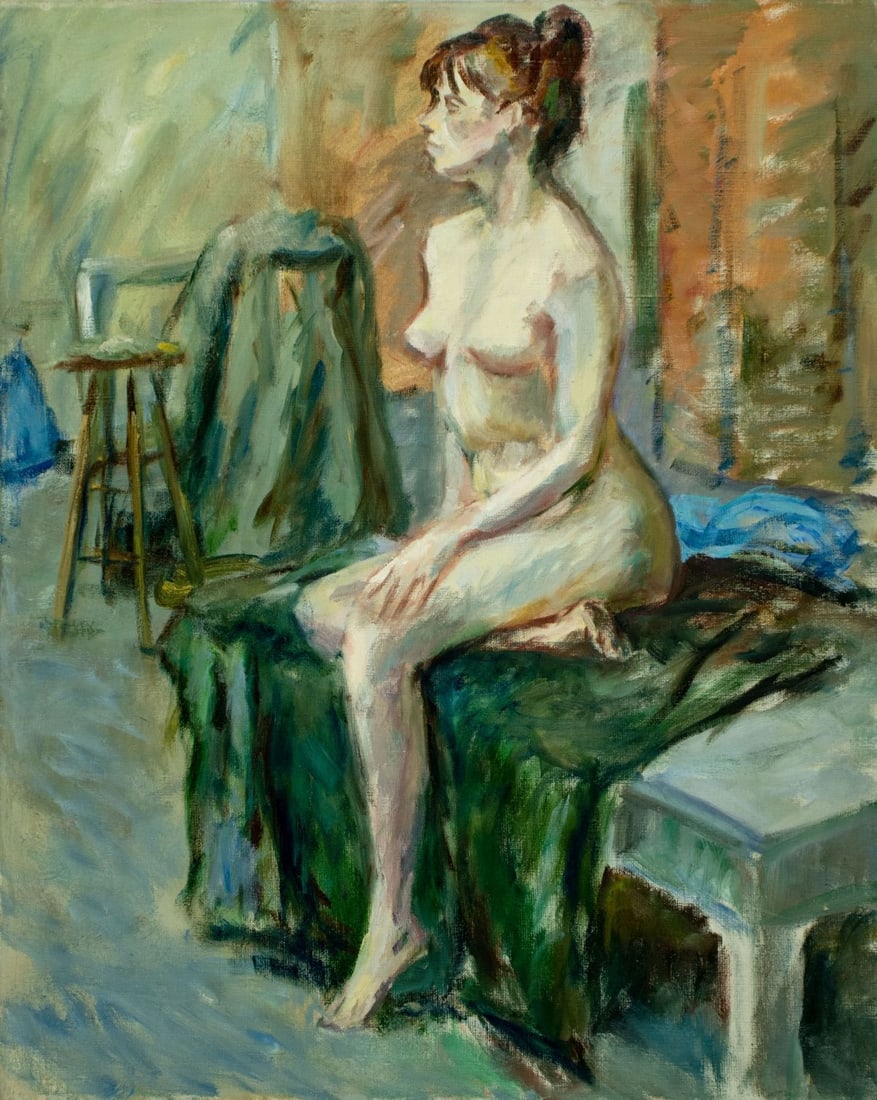 Evelyn Metzger (NY,Brazil,1911-2007) oil painting: ARTIST: Evelyn Borchard Metzger (New York, Brazilian, 1911 - 2007) TITLE: Seated Nude MEDIUM: oil on canvas CONDITION: One minor dent by the upper edge. Few minor paint lo