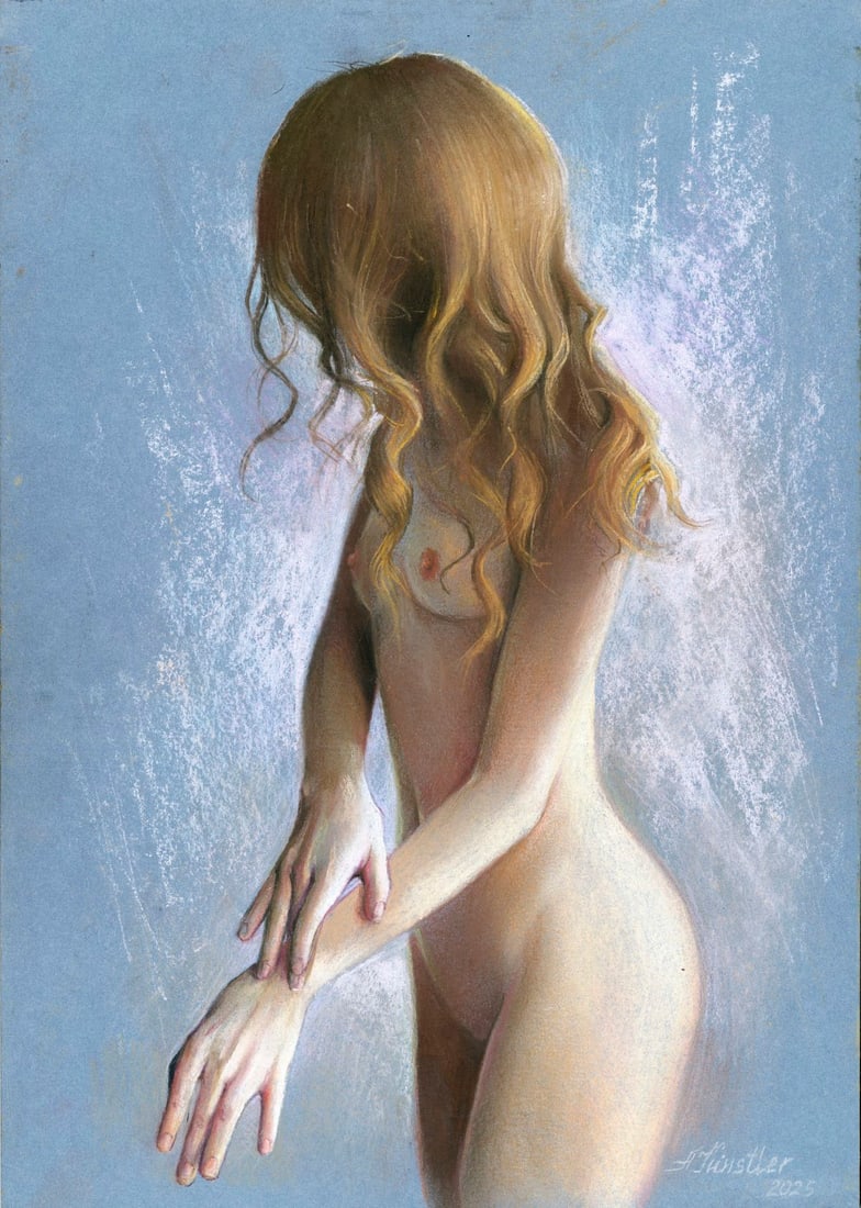 Anna Kintsler (Ukraine,b 2001) pastel painting: ARTIST: Anna Kintsler (Ukrainian, born 2001) TITLE: Nude MEDIUM: pastel on heavy paper CONDITION: Very good. ART SIZE: 12 x 8 inches / %HEIGHTCM% x %WIDT