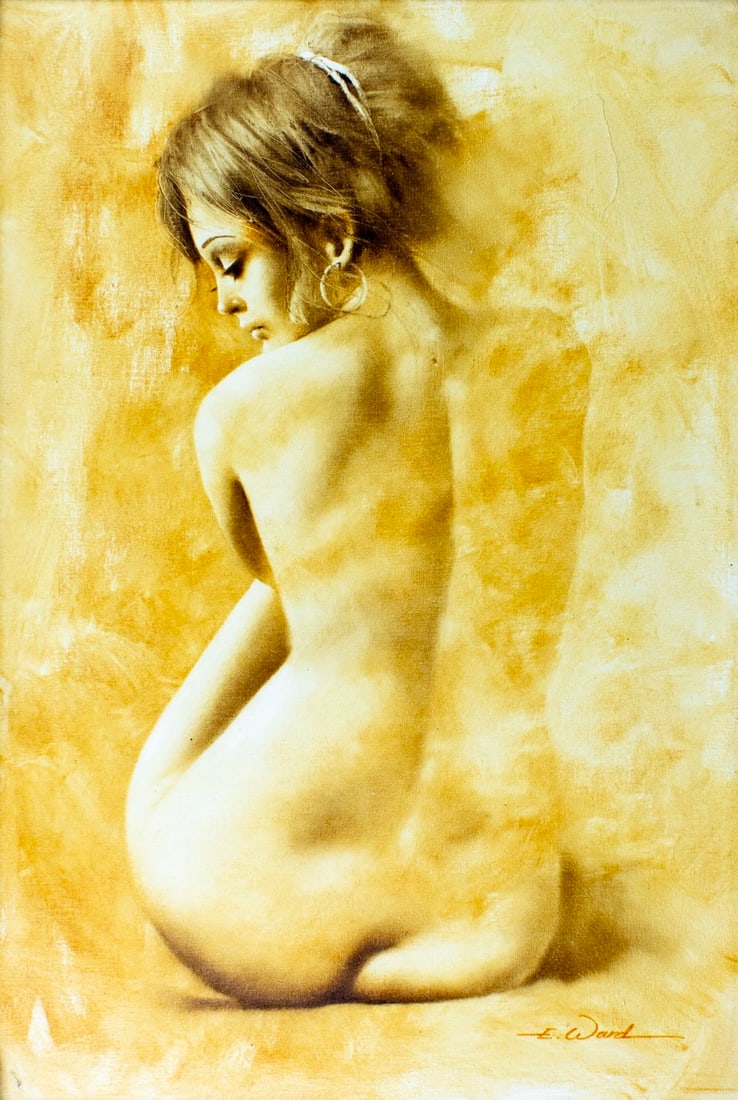 E Ward (US,20C) oil painting: ARTIST: E Ward (American, 20 century) TITLE: Seated Nude MEDIUM: oil on canvas CONDITION: Overall good. No visible inpaint under UV light. ART SIZE: 36 x