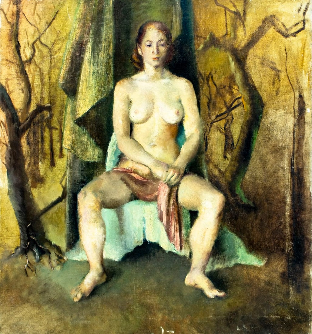 James Otis Burnley (WI,MO,1914-2009) oil painting: ARTIST: James Otis Burnley (Wisconsin, Missouri, 1914 - 2009) TITLE: Seated Nude MEDIUM: oil on canvas CONDITION: Some damages to the right edge of the canvas. Some scratc