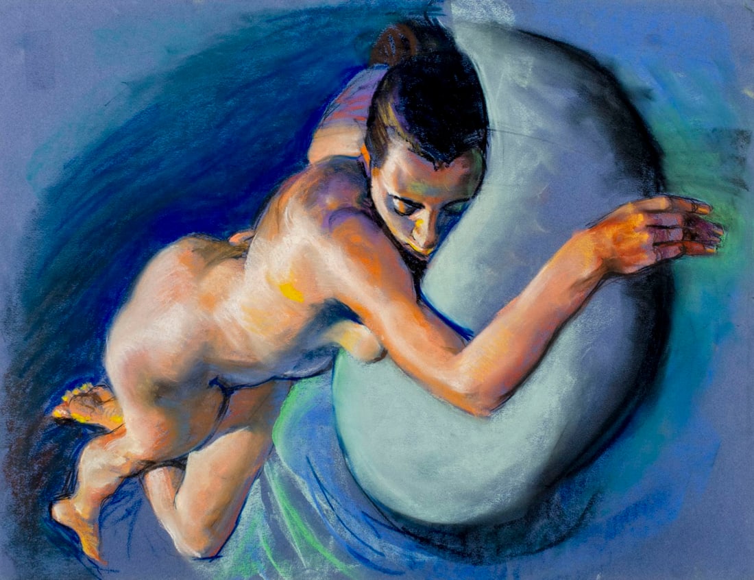 Karl Foster (PA,b 1933) pastel painting: ARTIST: Karl Foster (Pennsylvania, born 1933) TITLE: Sleeping Nude MEDIUM: pastel on heavy paper CONDITION: One small tear to rught edge. ART SIZE: 20 x