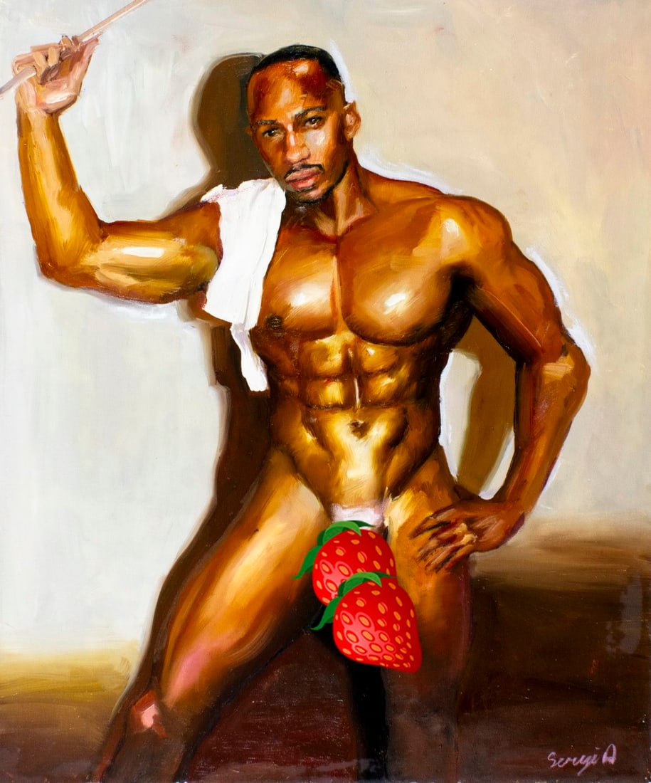 Alex Siryi (Ukraine,b 1997) oil painting: ARTIST: Alex Siryi (Ukrainian, born 1997) TITLE: Male Nude MEDIUM: oil on canvas CONDITION: Unstretched (In-House stretching available). Very good. No visible inpaint under