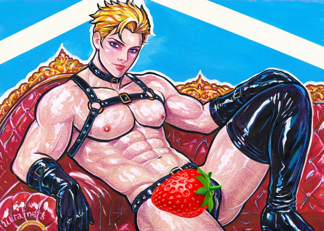 Alex Ukrainets (Ukraine,b 2001) mixed media painting: ARTIST: Alex Ukrainets (Ukrainian, born 2001) TITLE: Male Nude - Luxurious Domination (titled on verso) MEDIUM: mixed media on heavy paper CONDITION: Very good. A