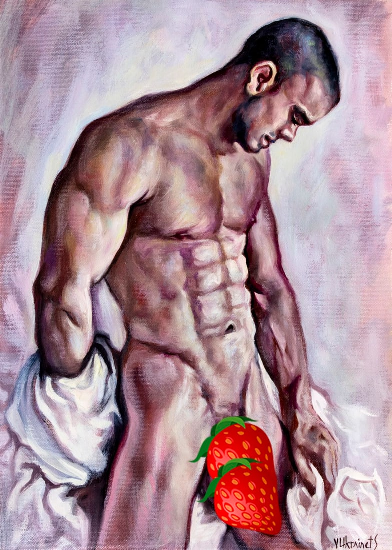 Valentin Ukrainets (Ukraine,b 1965) oil painting: ARTIST: Valentin Ukrainets (Ukrainian, born 1965) TITLE: Male Nude - Man and Cloth (titled on verso) MEDIUM: oil on canvas CONDITION: Unstretched (In-House stretching availa