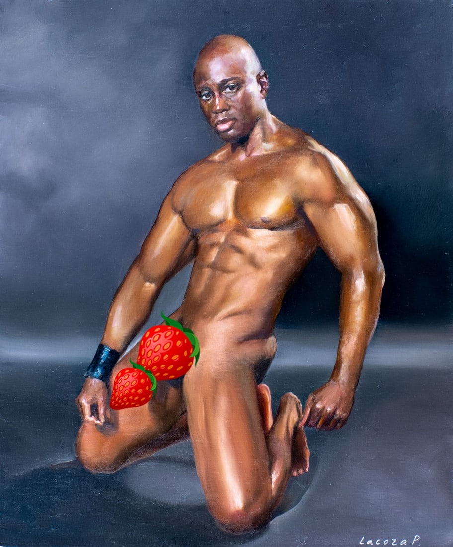 Pavel Lacoza (Ukraine,b 1975) oil painting: ARTIST: Pavel Lacoza (Ukrainian, born 1975) TITLE: Male Nude - Waiting (titled on verso) MEDIUM: oil on canvas CONDITION: Unstretched (In-House stretching available). Very g