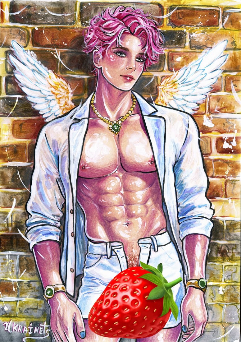 Alex Ukrainets (Ukraine,b 2001) mixed media painting: ARTIST: Alex Ukrainets (Ukrainian, born 2001) TITLE: Male Nude - Send Me an Angel (titled on verso) MEDIUM: mixed media on heavy paper CONDITION: Very good. ART S