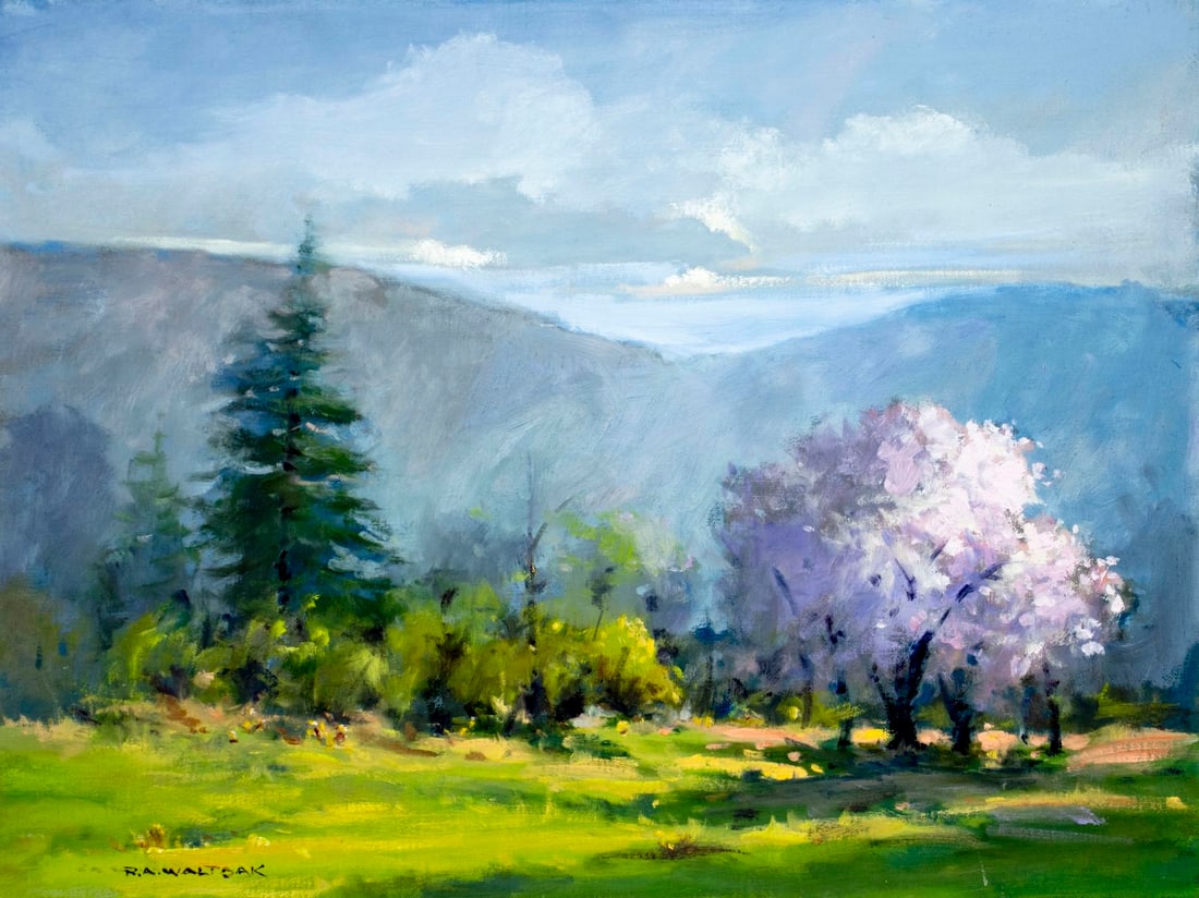 Robert Waltsak (NJ,b 1944) oil painting: ARTIST: Robert Alan Waltsak (New Jersey, born 1944) TITLE: Mountain Landscape MEDIUM: oil on canvas CONDITION: Few small scratches/paint losses along the lower edge. No visi